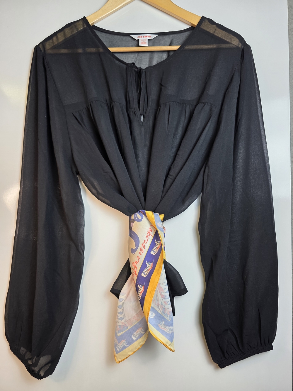 Joe Fresh Black Sheer Peasant Blouse Tie Neck Long Sleeve Size XL